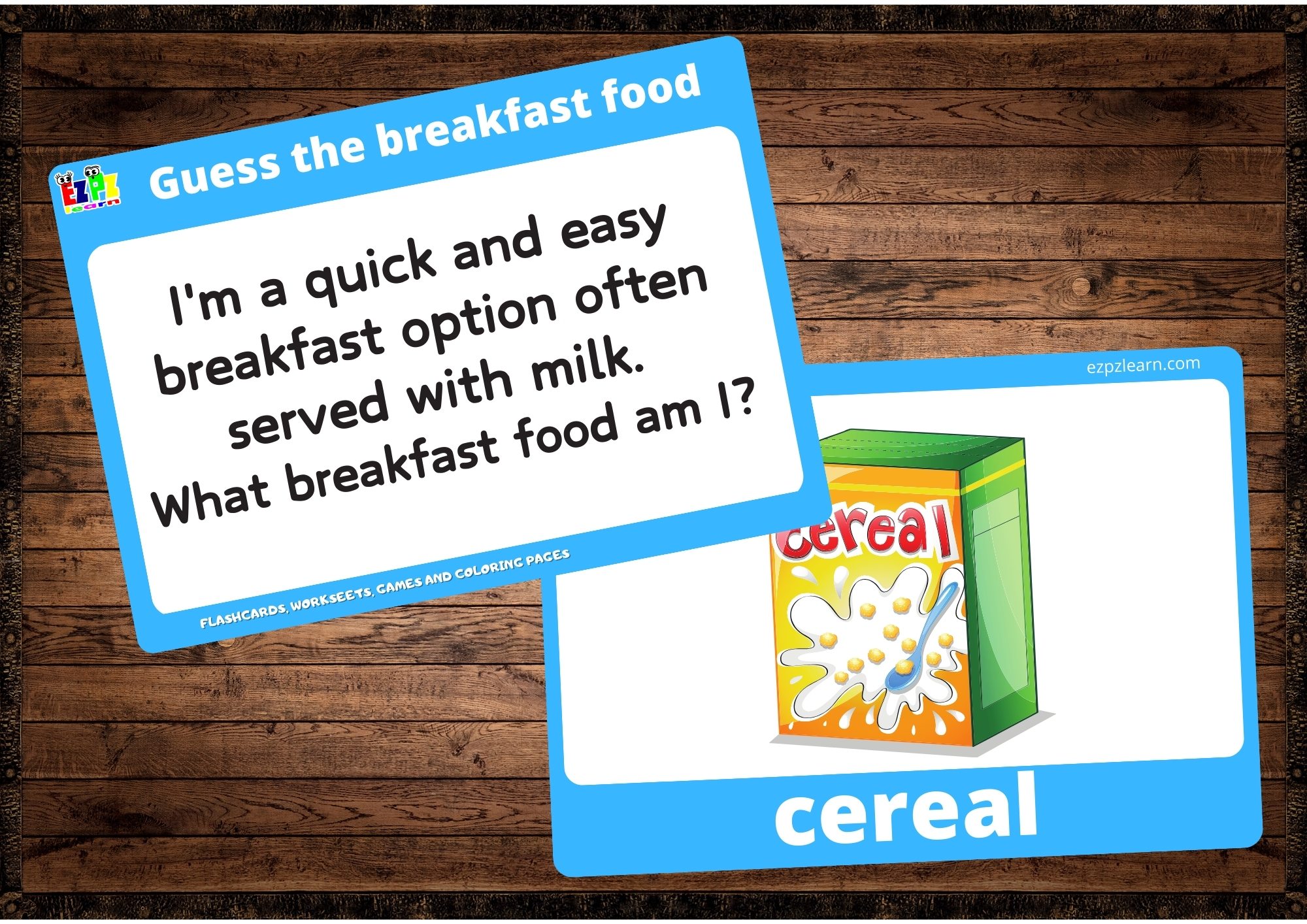Breakfast Food Vocabulary Guessing Game for Kids. Read the clue then guess the breakfast food.